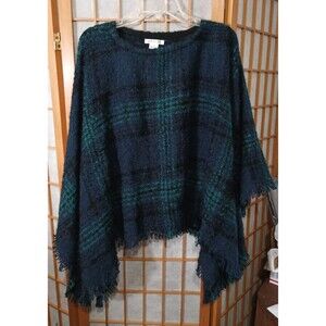 Orvis Plaid Fringe Poncho One Size Navy Green Soft Knit Cape Wrap Shawl